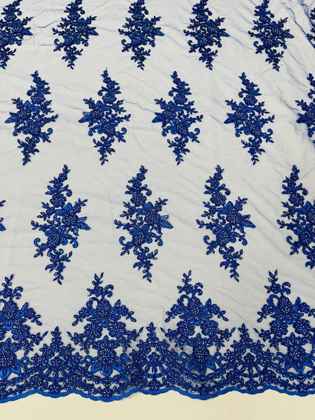 Small Floral Damask Beaded Lace Fabric - Floral Damask, 54" Width (1 Yard)