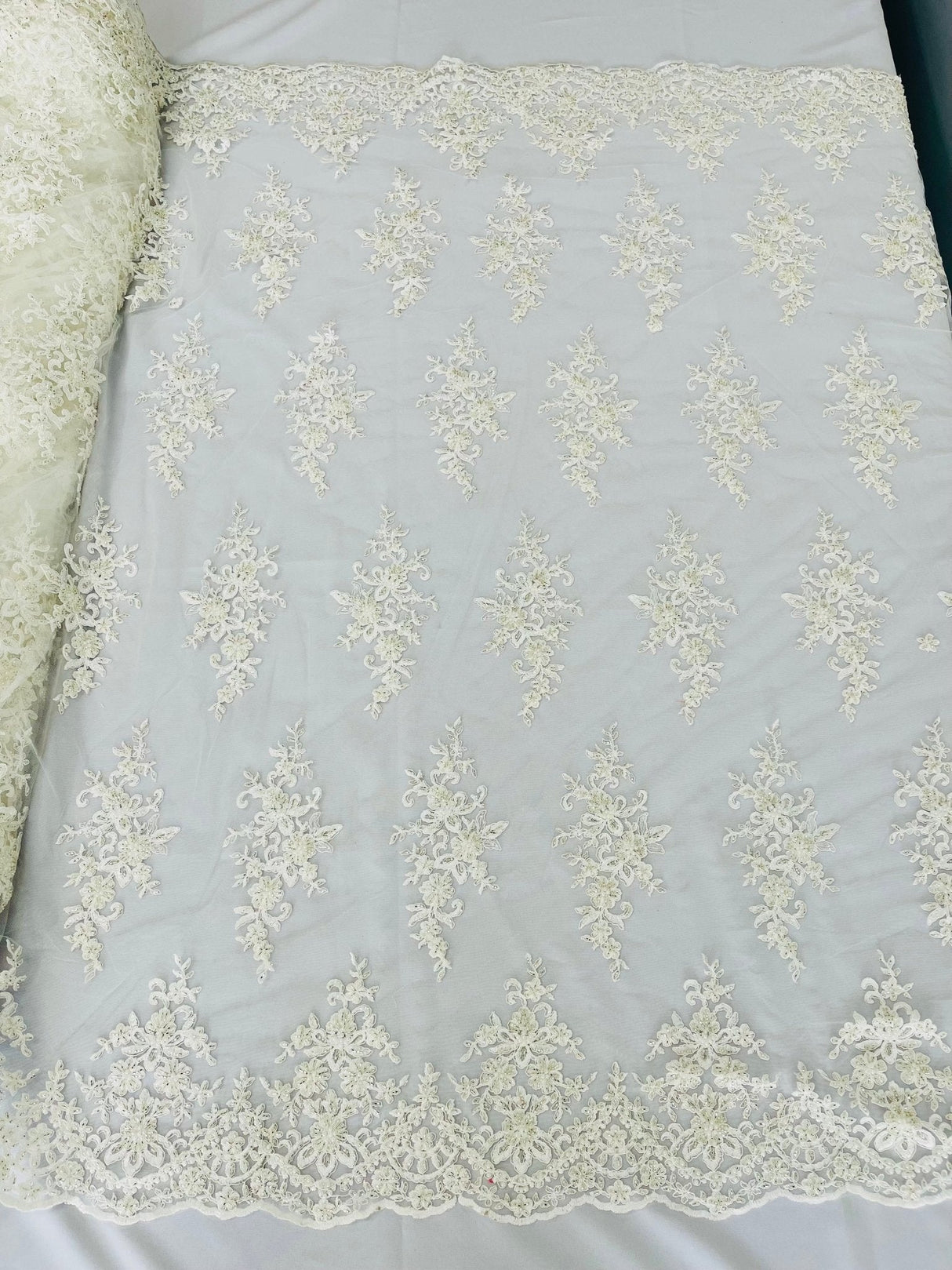 Small Floral Damask Beaded Lace Fabric - Floral Damask, 54" Width (1 Yard)