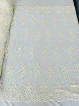 Small Floral Damask Beaded Lace Fabric - Floral Damask, 54" Width (1 Yard)
