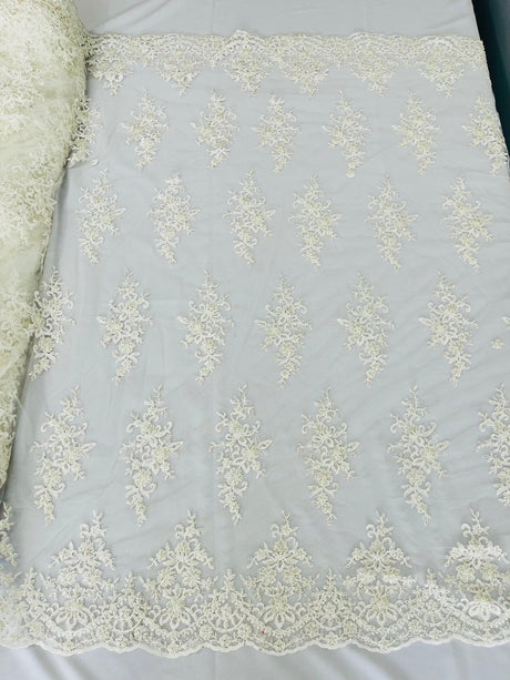Small Floral Damask Beaded Lace Fabric - Floral Damask, 54" Width (1 Yard)