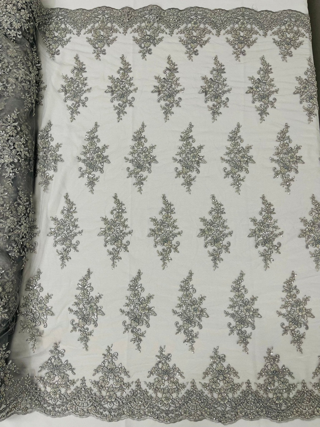 Small Floral Damask Beaded Lace Fabric - Floral Damask, 54" Width (1 Yard)