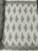 Small Floral Damask Beaded Lace Fabric - Floral Damask, 54" Width (1 Yard)