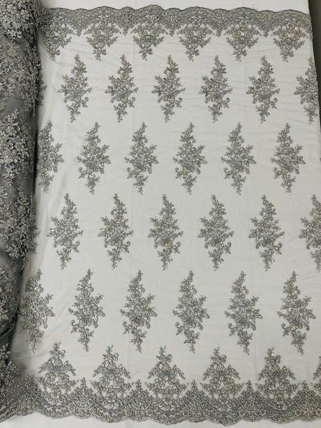 Small Floral Damask Beaded Lace Fabric - Floral Damask, 54" Width (1 Yard)