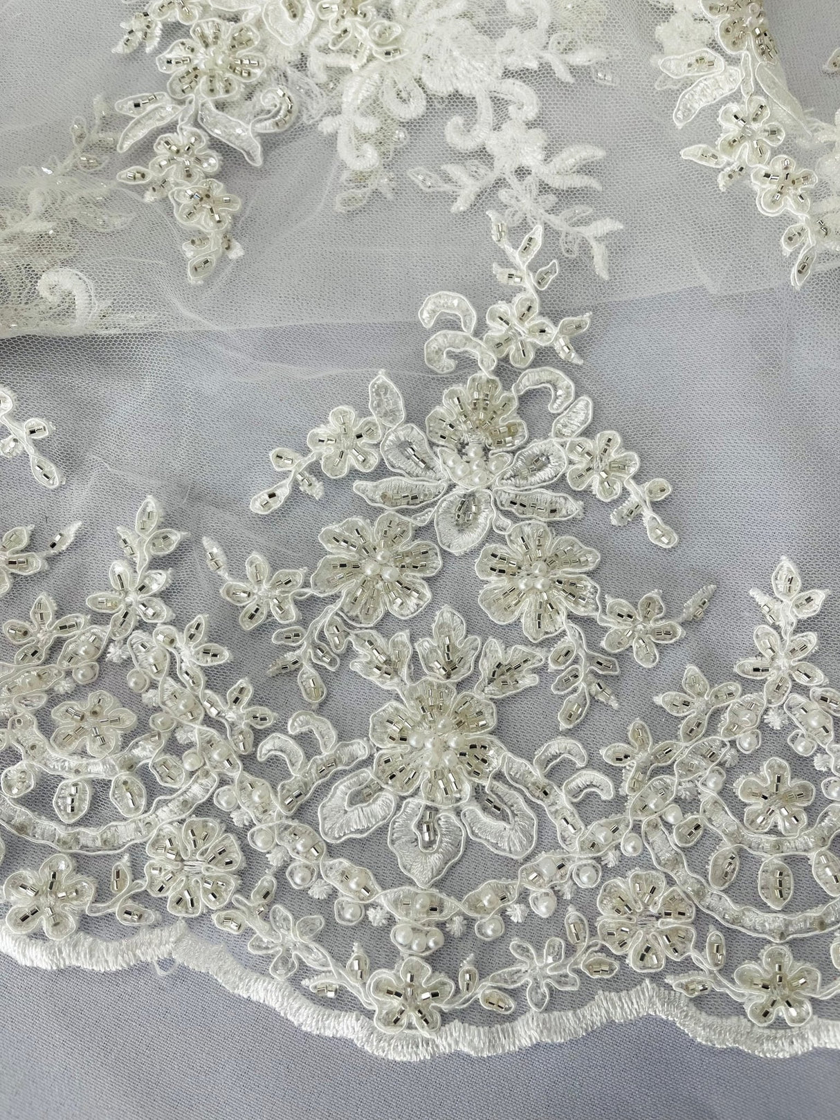 Small Floral Damask Beaded Lace Fabric - Floral Damask, 54" Width (1 Yard)