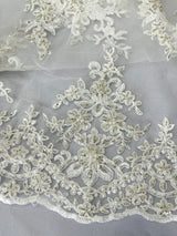 Small Floral Damask Beaded Lace Fabric - Floral Damask, 54" Width (1 Yard)
