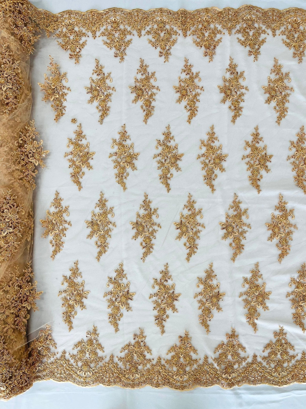 Small Floral Damask Beaded Lace Fabric - Floral Damask, 54" Width (1 Yard)
