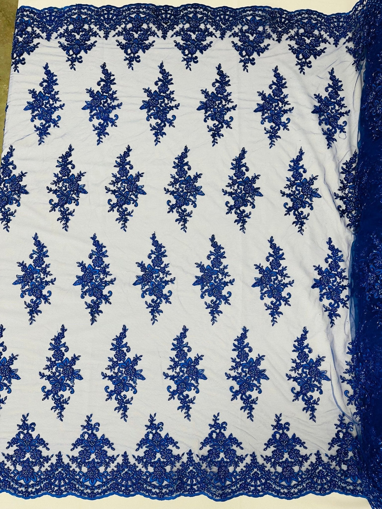 Small Floral Damask Beaded Lace Fabric - Floral Damask, 54" Width (1 Yard)