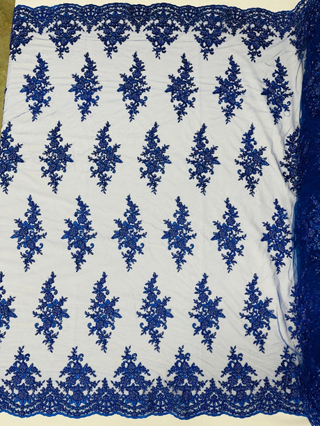Small Floral Damask Beaded Lace Fabric - Floral Damask, 54" Width (1 Yard)
