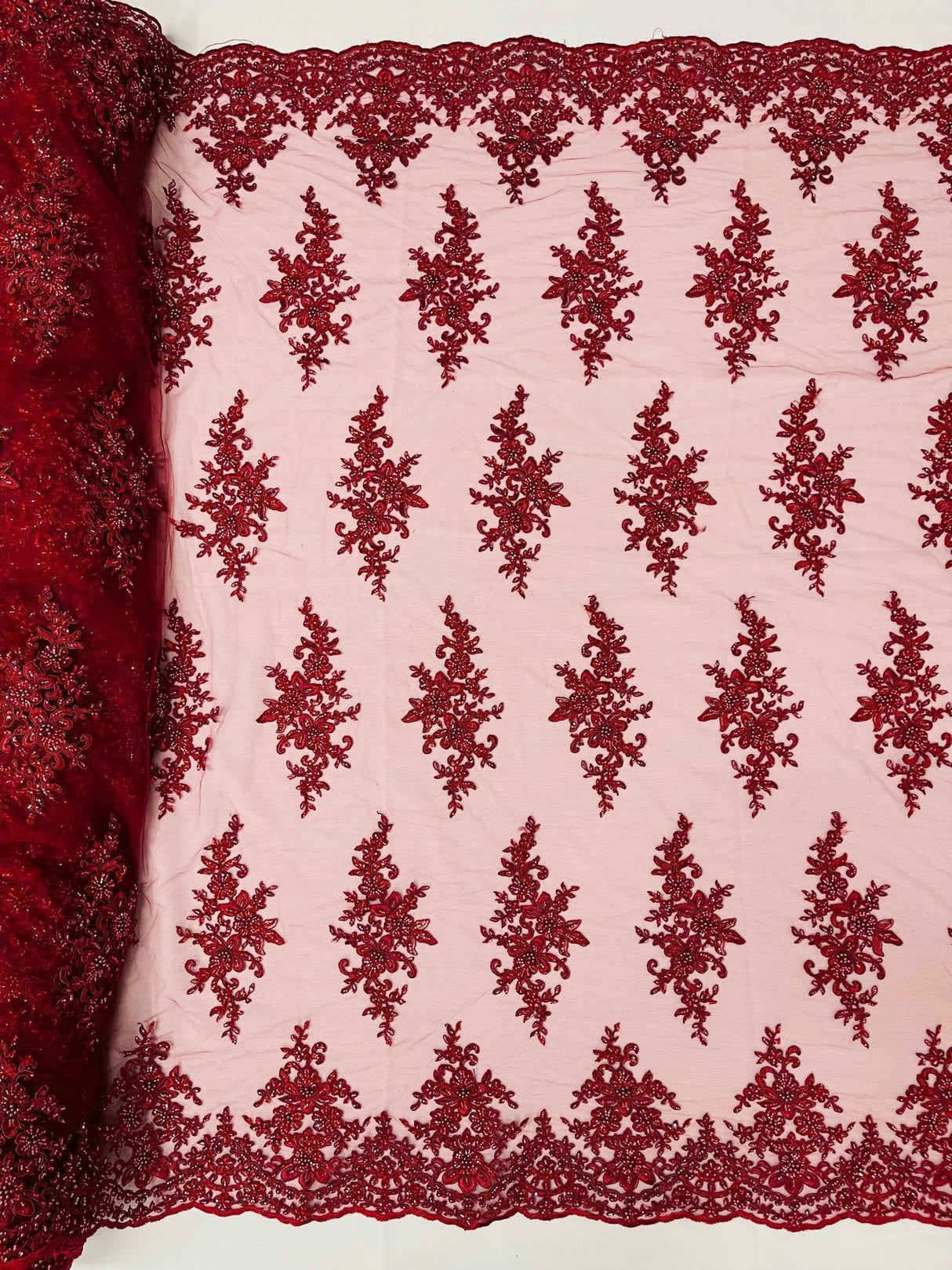 Small Floral Damask Beaded Lace Fabric - Floral Damask, 54" Width (1 Yard)