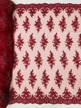 Small Floral Damask Beaded Lace Fabric - Floral Damask, 54" Width (1 Yard)