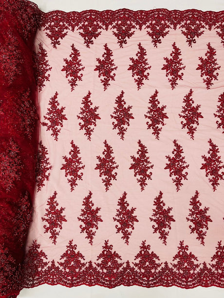 Small Floral Damask Beaded Lace Fabric - Floral Damask, 54" Width (1 Yard)