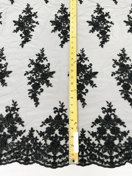 Small Floral Damask Beaded Lace Fabric - Floral Damask, 54" Width (1 Yard)