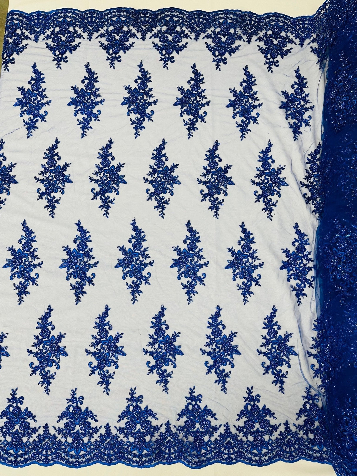 Small Floral Damask Beaded Lace Fabric - Floral Damask, 54" Width (1 Yard)