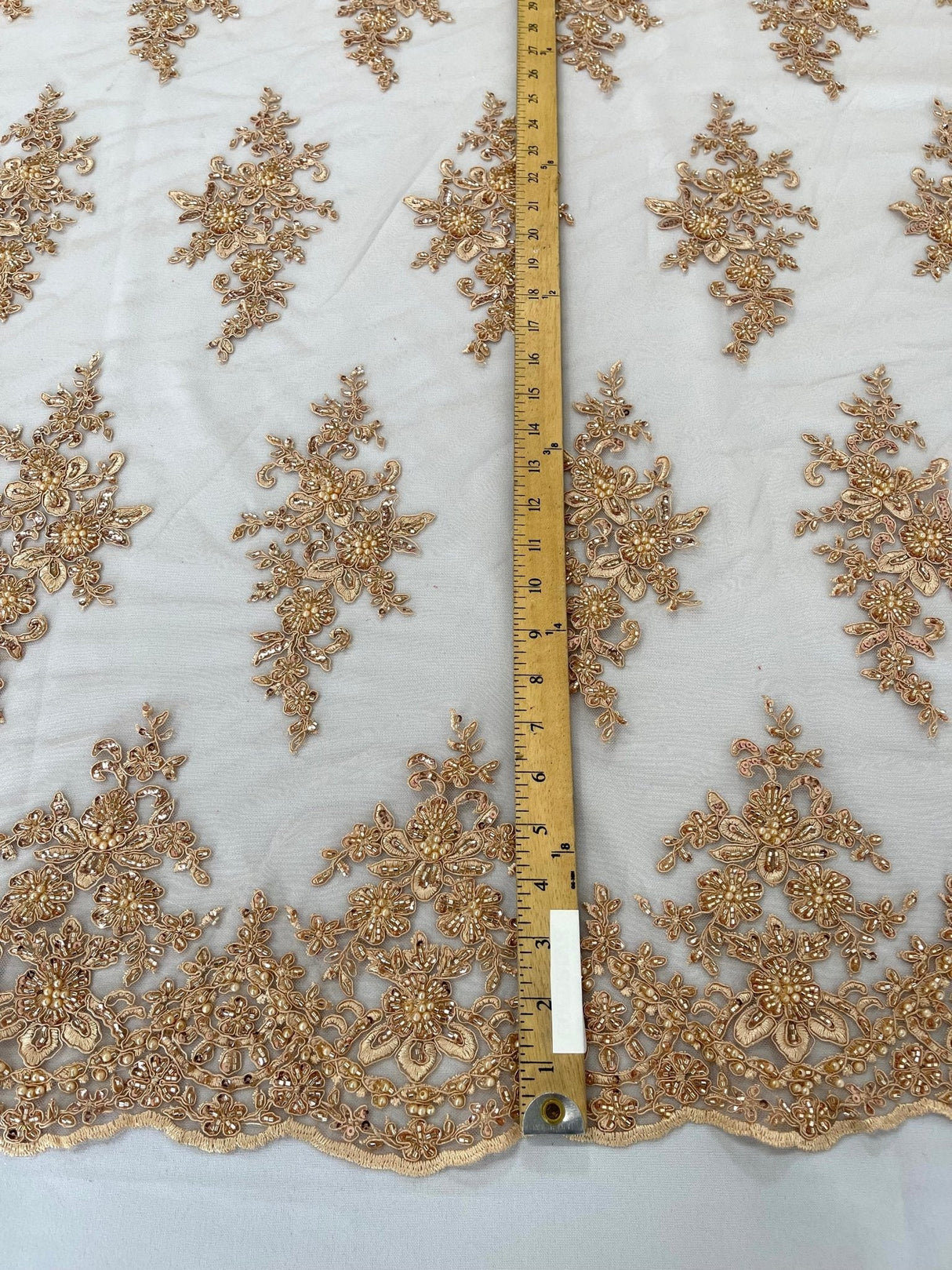 Small Floral Damask Beaded Lace Fabric - Floral Damask, 54" Width (1 Yard)