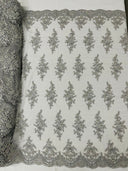 Small Floral Damask Beaded Lace Fabric - Floral Damask, 54" Width (1 Yard)