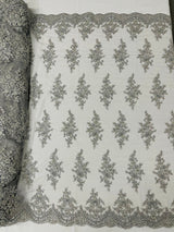 Small Floral Damask Beaded Lace Fabric - Floral Damask, 54" Width (1 Yard)