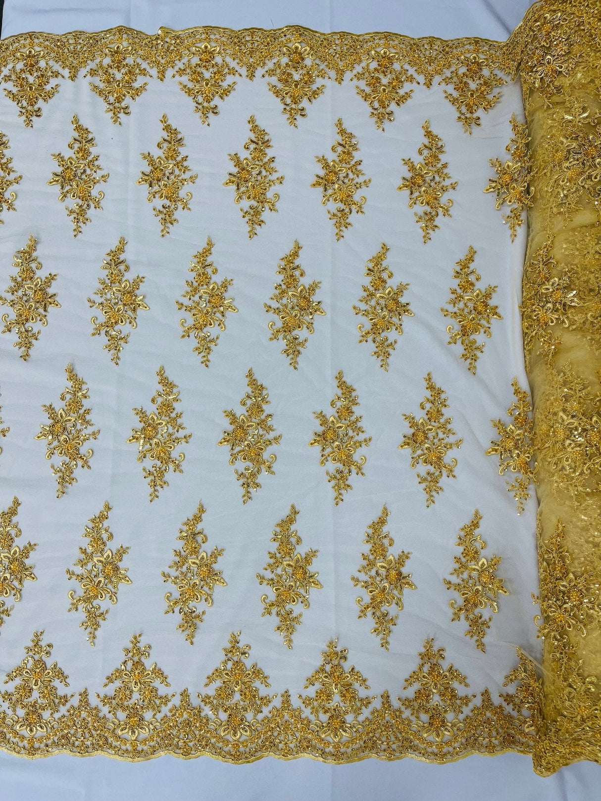 Small Floral Damask Beaded Lace Fabric - Floral Damask, 54" Width (1 Yard)