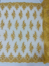 Small Floral Damask Beaded Lace Fabric - Floral Damask, 54" Width (1 Yard)