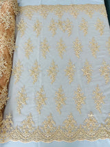 Small Floral Damask Beaded Lace Fabric - Floral Damask, 54" Width (1 Yard)