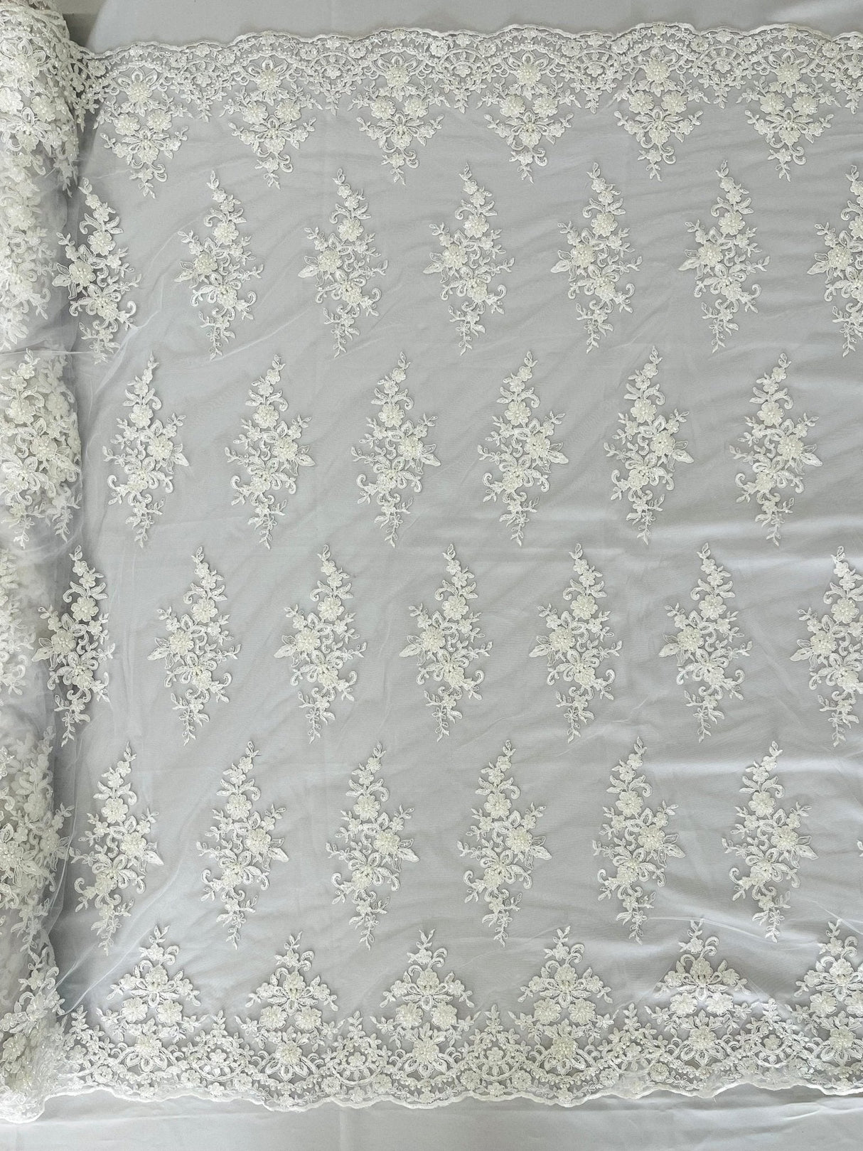Small Floral Damask Beaded Lace Fabric - Floral Damask, 54" Width (1 Yard)