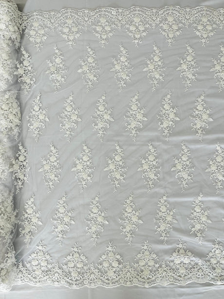 Small Floral Damask Beaded Lace Fabric - Floral Damask, 54" Width (1 Yard)