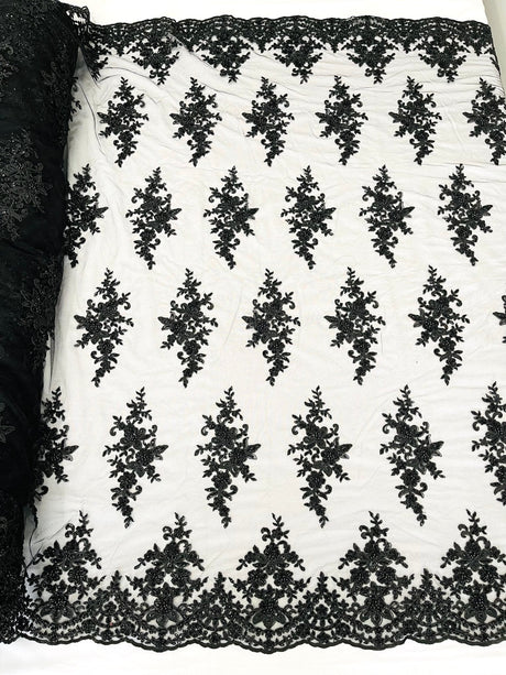 Small Floral Damask Beaded Lace Fabric - Floral Damask, 54" Width (1 Yard)