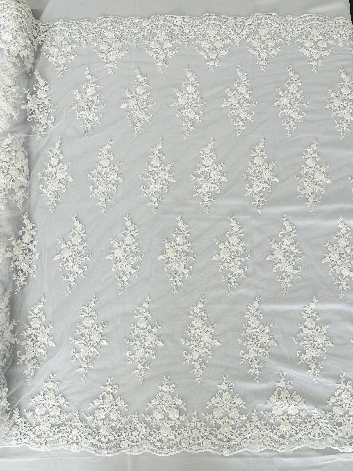 Small Floral Damask Beaded Lace Fabric - Floral Damask, 54" Width (1 Yard)