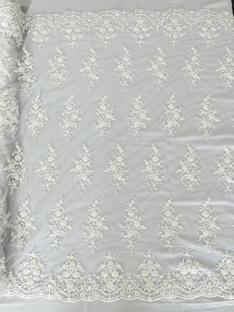 Small Floral Damask Beaded Lace Fabric - Floral Damask, 54" Width (1 Yard)