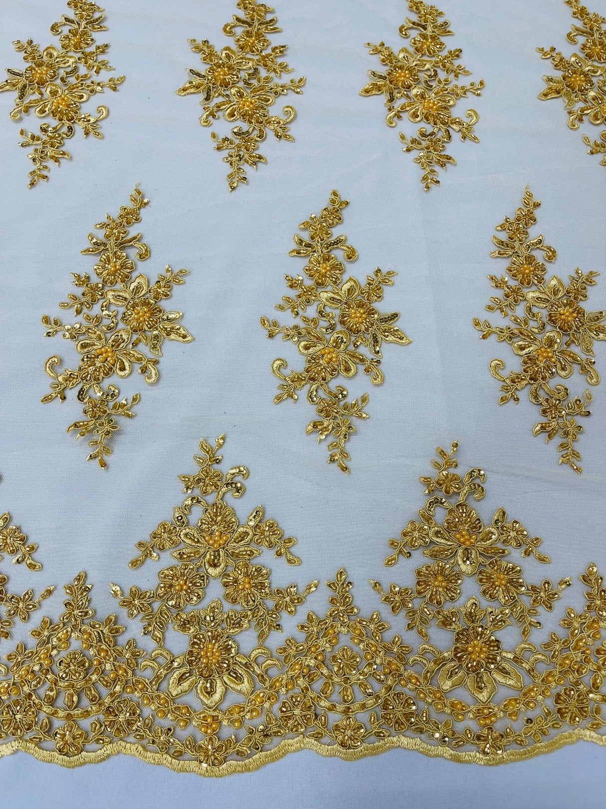 Small Floral Damask Beaded Lace Fabric - Floral Damask, 54" Width (1 Yard)