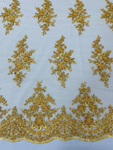 Small Floral Damask Beaded Lace Fabric - Floral Damask, 54" Width (1 Yard)
