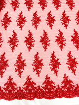 Small Floral Damask Beaded Lace Fabric - Floral Damask, 54" Width (1 Yard)