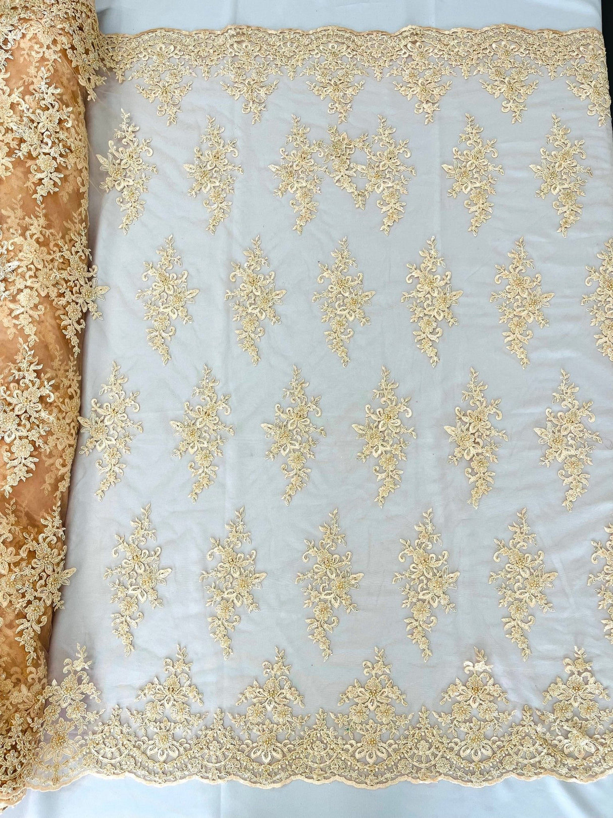 Small Floral Damask Beaded Lace Fabric - Floral Damask, 54" Width (1 Yard)