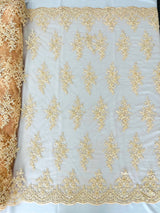 Small Floral Damask Beaded Lace Fabric - Floral Damask, 54" Width (1 Yard)