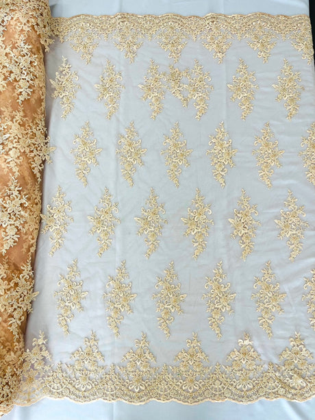 Small Floral Damask Beaded Lace Fabric - Floral Damask, 54" Width (1 Yard)