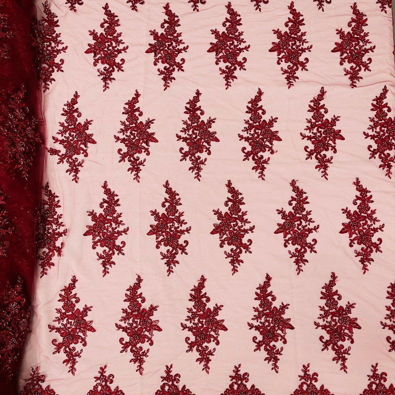 Small Floral Damask Beaded Lace Fabric - Floral Damask, 54" Width (1 Yard)
