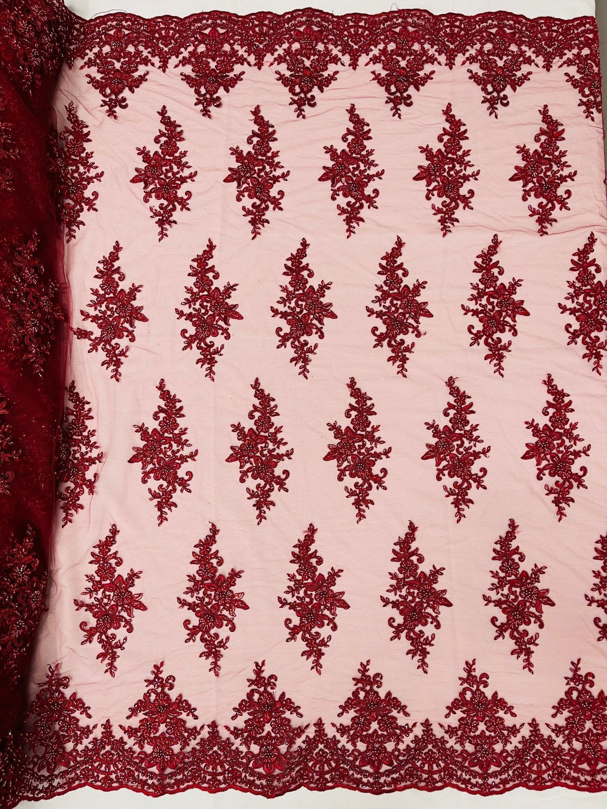 Small Floral Damask Beaded Lace Fabric - Floral Damask, 54" Width (1 Yard)