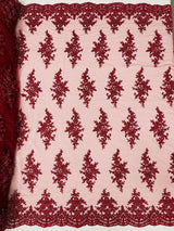 Small Floral Damask Beaded Lace Fabric - Floral Damask, 54" Width (1 Yard)