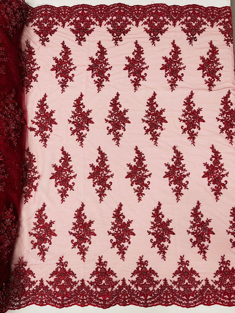 Small Floral Damask Beaded Lace Fabric - Floral Damask, 54" Width (1 Yard)