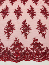 Small Floral Damask Beaded Lace Fabric - Floral Damask, 54" Width (1 Yard)
