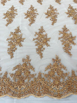 Small Floral Damask Beaded Lace Fabric - Floral Damask, 54" Width (1 Yard)