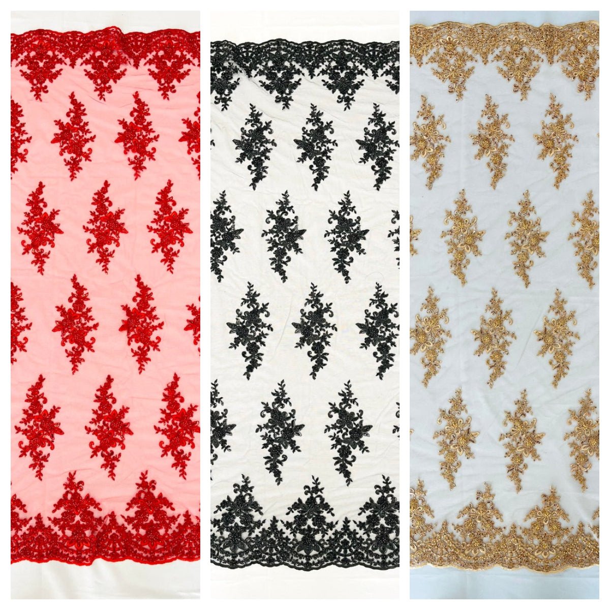 Small Floral Damask Beaded Lace Fabric - Floral Damask, 54" Width (1 Yard)