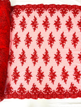 Small Floral Damask Beaded Lace Fabric - Floral Damask, 54" Width (1 Yard)