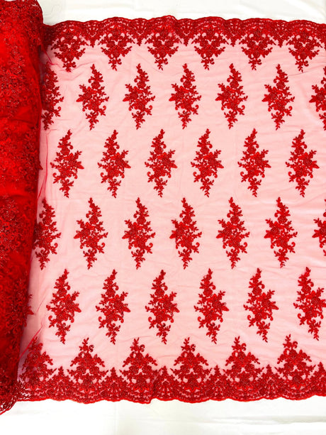 Small Floral Damask Beaded Lace Fabric - Floral Damask, 54" Width (1 Yard)