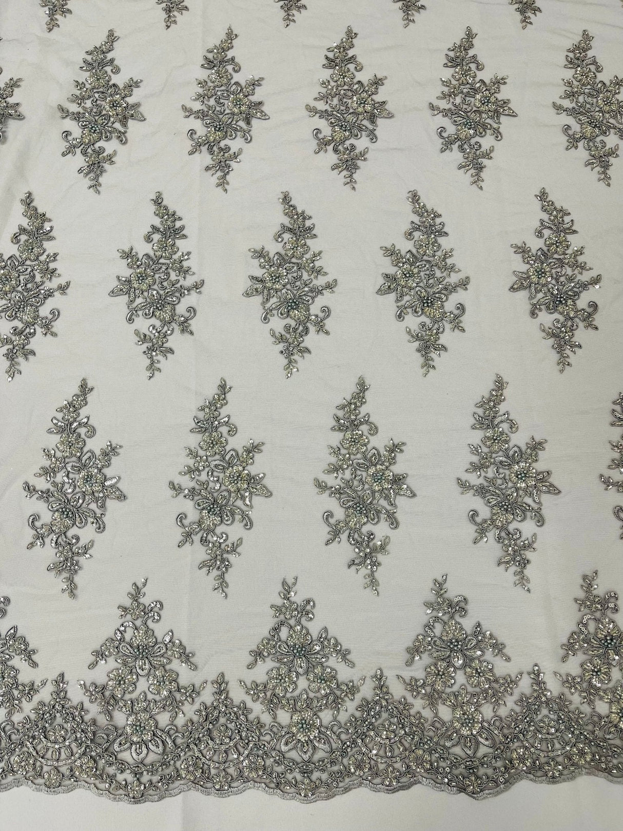 Small Floral Damask Beaded Lace Fabric - Floral Damask, 54" Width (1 Yard)