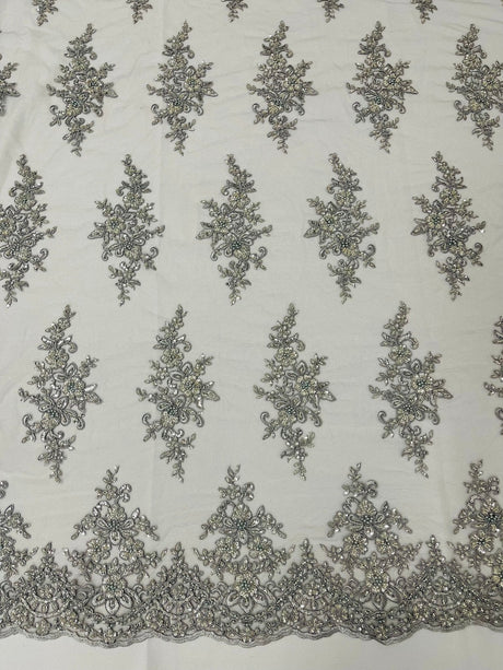 Small Floral Damask Beaded Lace Fabric - Floral Damask, 54" Width (1 Yard)