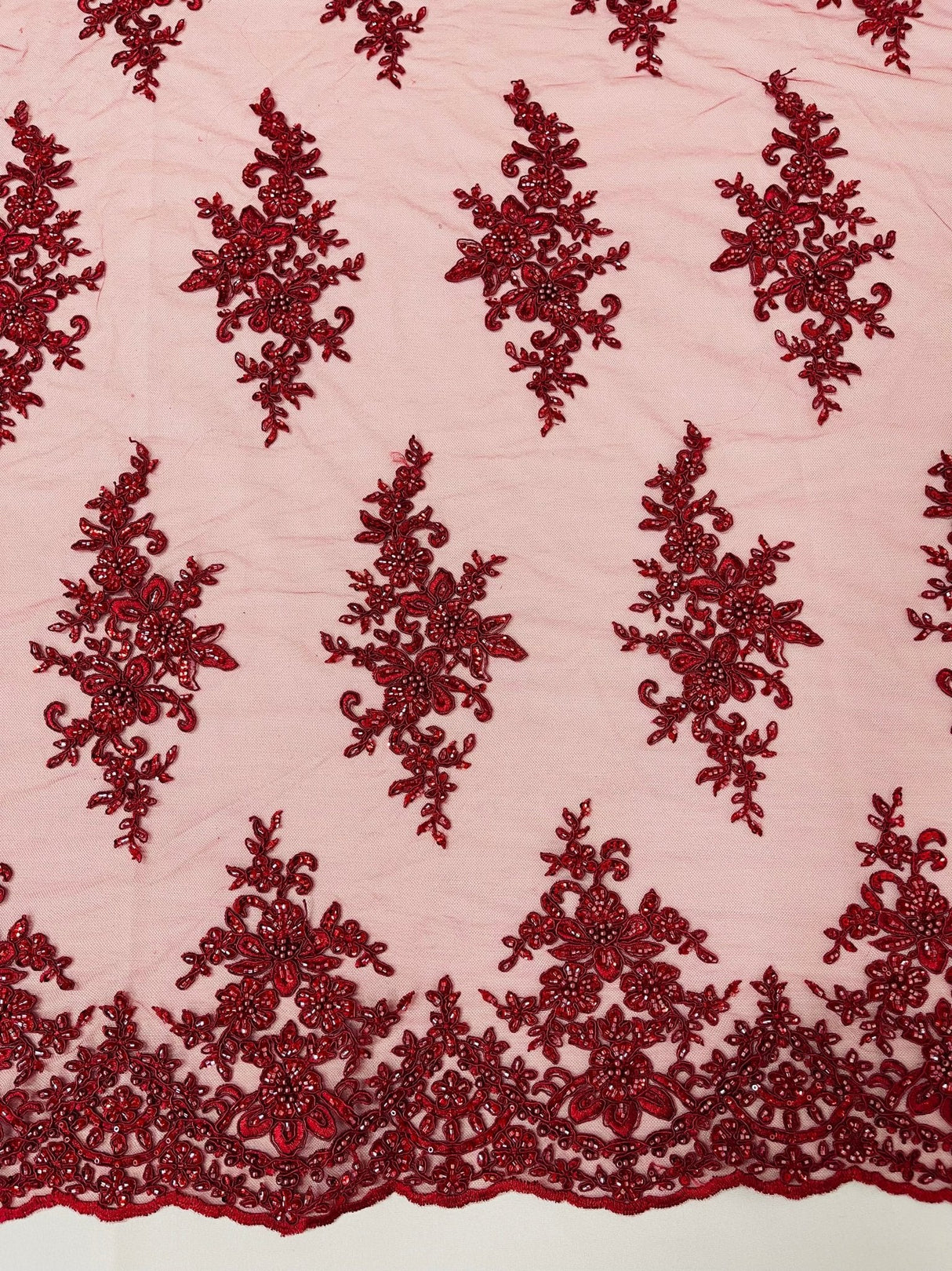 Small Floral Damask Beaded Lace Fabric - Floral Damask, 54" Width (1 Yard)