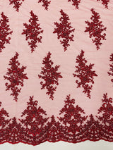 Small Floral Damask Beaded Lace Fabric - Floral Damask, 54" Width (1 Yard)