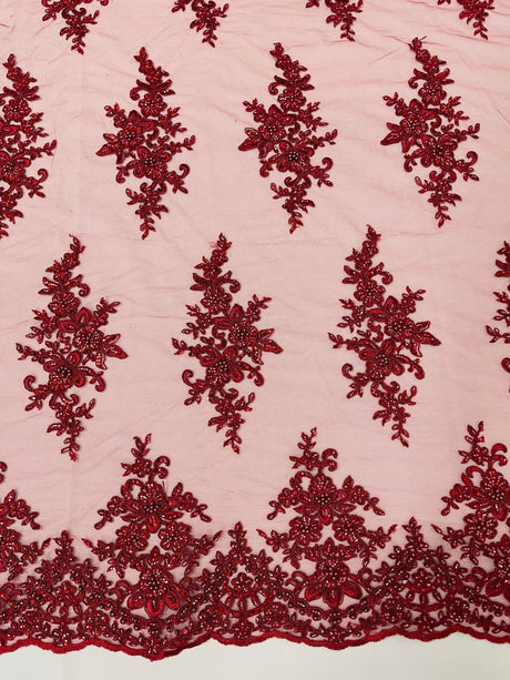Small Floral Damask Beaded Lace Fabric - Floral Damask, 54" Width (1 Yard)