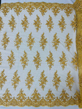 Small Floral Damask Beaded Lace Fabric - Floral Damask, 54" Width (1 Yard)