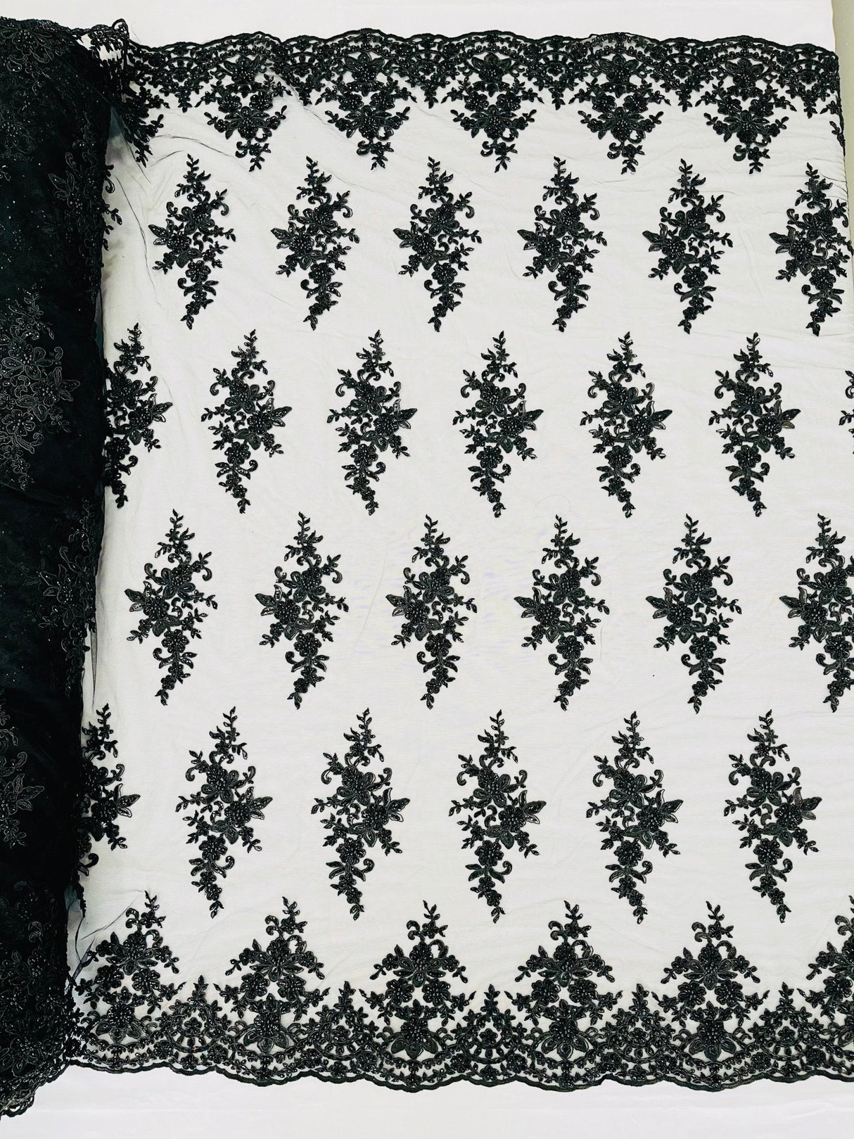 Small Floral Damask Beaded Lace Fabric - Floral Damask, 54" Width (1 Yard)